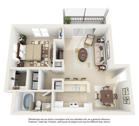 Floor plan for 1 bed, 1 bath, 770 sqft